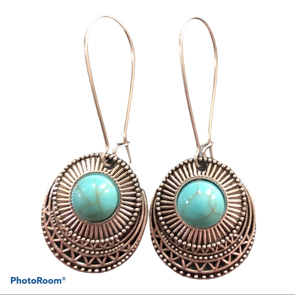 New! Boho Desert Revival Dangle Turquoise‎ Silver Tone Earrings